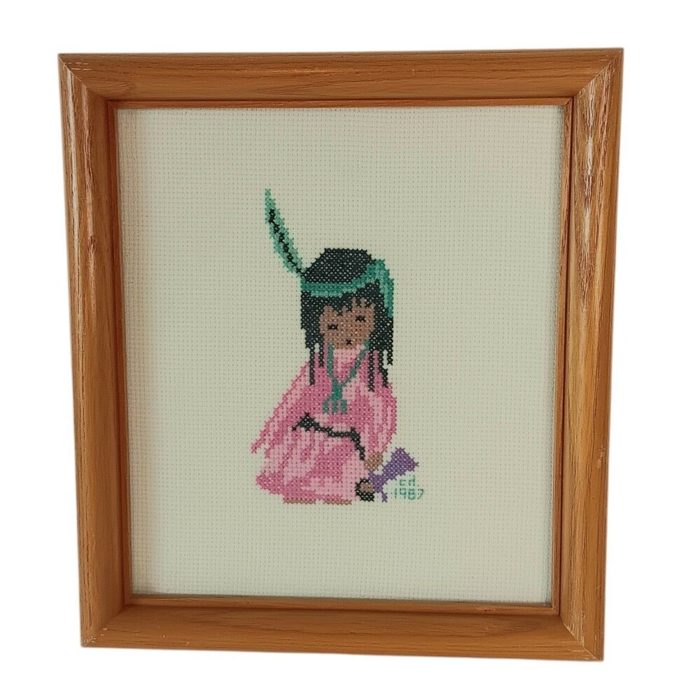 VTG Cross Stitch Native American Girl Pink Dress Green Feather Framed DeGrazia